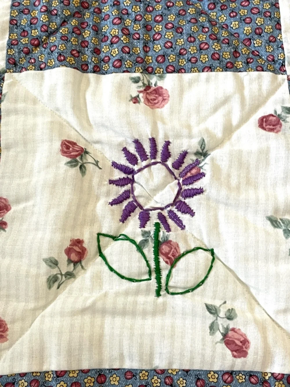 Handmade Quilt Whimsical Hand Embroidered Colorful Lap or Child Size